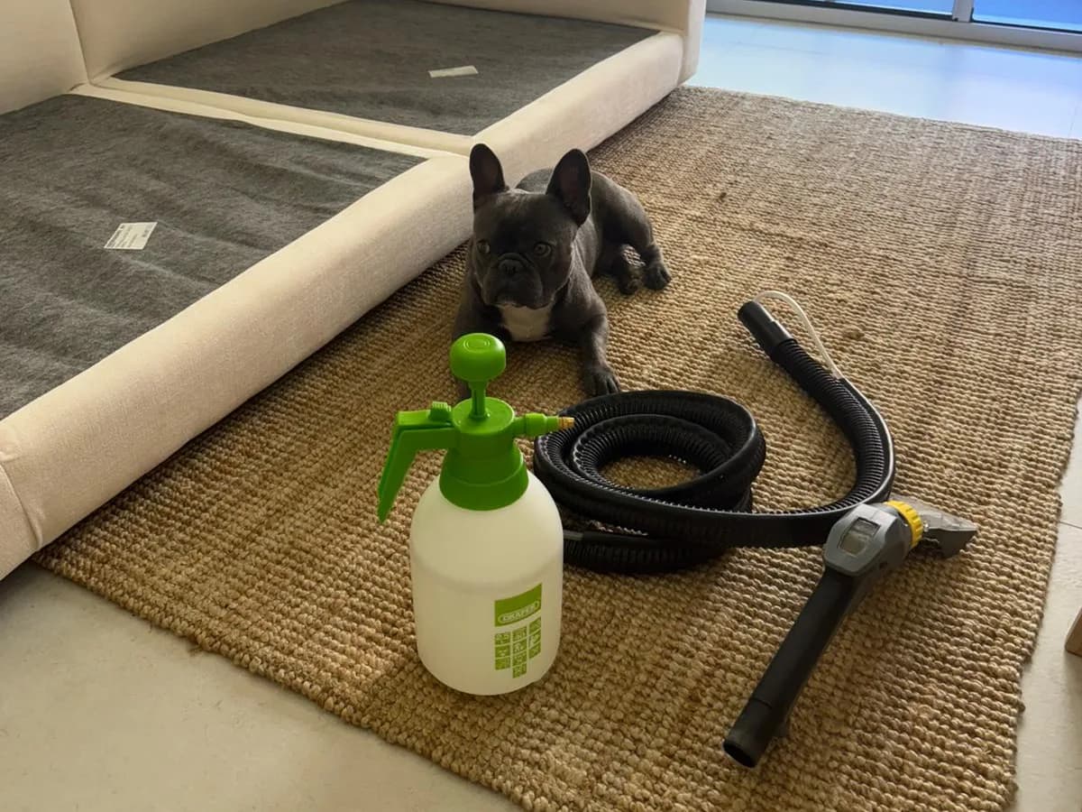 Material de tapicería preparado sobre una alfombra antes de empezar